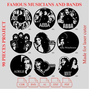 6. BUNDLE - Weltberühmte Musiker und Bands Laser Cut Vinyl Uhr Bundle - 90 Projekt Vinyl Uhr - Pdf - Dxf - Cdr - Ai - svg