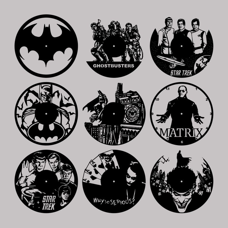 May include: Nine black and white circular vinyl record clock designs. The designs feature characters from popular movies and TV shows, including Batman, Ghostbusters, Star Trek, The Matrix, and The Joker. Each design includes a clock face with Roman numerals.
