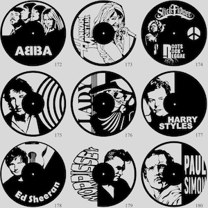 May include: A collection of black vinyl records featuring cut-out silhouettes of musicians and bands. Includes ABBA, Hannah Montana, Stick Figure, Bob Dylan, Lady Gaga, Harry Styles, Ed Sheeran, Morrissey, and Paul Simon. Each record has a unique design.