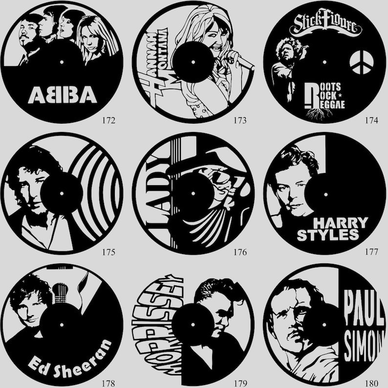 May include: A collection of black vinyl records featuring cut-out silhouettes of musicians and bands. Includes ABBA, Hannah Montana, Stick Figure, Bob Dylan, Lady Gaga, Harry Styles, Ed Sheeran, Morrissey, and Paul Simon. Each record has a unique design.