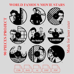 Puede incluir: Una colección de nueve diseños cortados con láser en blanco y negro con famosas estrellas de cine, incluyendo Al Pacino, Alec Baldwin y Arnold Schwarzenegger. El texto "WORLD FAMOUS MOVIE STARS" y "90 PIECES PROJECT" son visibles. Incluye iconos de tipo de archivo.