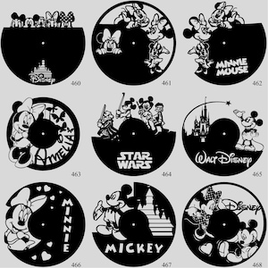 May include: Black vinyl record art featuring various Disney characters, including Mickey Mouse, Minnie Mouse, and characters from Star Wars. Designs include silhouettes of Disney castle, and the Disney logo. Each design is unique.
