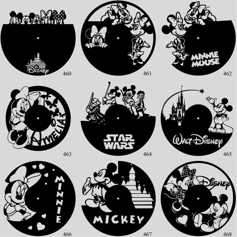 May include: Black vinyl record art featuring various Disney characters, including Mickey Mouse, Minnie Mouse, and characters from Star Wars. Designs include silhouettes of Disney castle, and the Disney logo. Each design is unique.