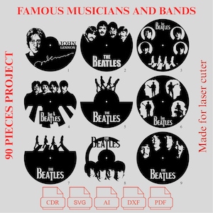 1. BUNDLE - World Famous Unique Musicians and Bands Laser Cut Vinyl Clock Bundle - 90 Project Vinyl Clock - Pdf - Dxf - Cdr - Ai - Svg