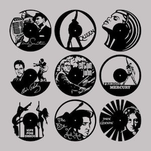 May include: Nine black and white vinyl record designs featuring various musical artists and themes. The designs include Queen, Elton John, Freddie Mercury, John Lennon, Elvis Presley, Frank Sinatra, and a pole dancer.