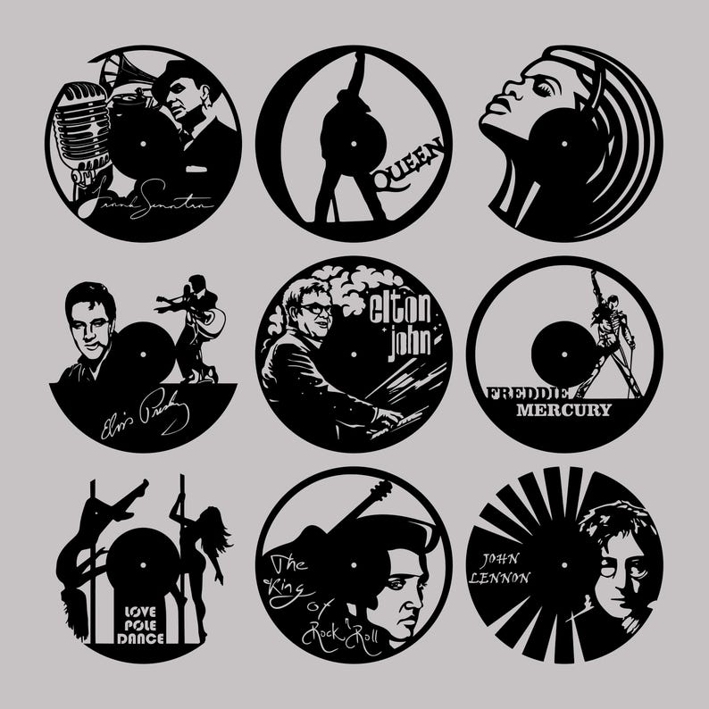 May include: Nine black and white vinyl record designs featuring various musical artists and themes. The designs include Queen, Elton John, Freddie Mercury, John Lennon, Elvis Presley, Frank Sinatra, and a pole dancer.