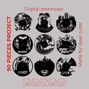 2. BUNDLE - Unique Laser Cut Vinyl Clock Bundle - 90 Project Vinyl Clock - Wall Art - Laser Cut Cnc - Pdf - Dxf - Cdr - Ai - Svg Files