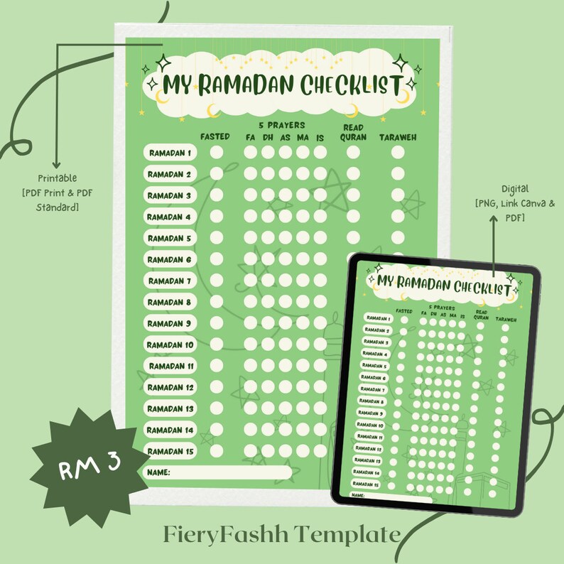 2024 Ramadan Checklist Printable &amp; Digital Green Design Fieryfashh Template - Etsy