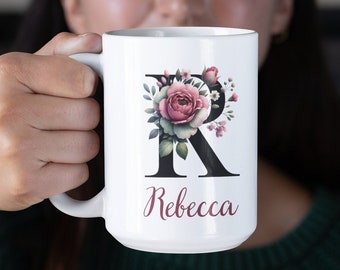 Name Mug, Initial Letter Mug, 15 oz 11 oz, Monogram Mug, Floral Alphabet Mug, Personalized Flower Coffee Mug, Gift for Mom Daughter best Mug