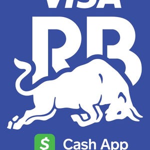Könnte beinhalten: Blaues Grafikdesign mit weißem Text und einer weißen Bullenillustration. Der Text enthält "VISA", "RB", "Cash App" und "FORMULA ONE TEAM". Das Cash App-Logo ist grün.