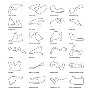 May include: A collection of 20 black and white line drawings of Formula 1 race tracks from around the world. Each track is labeled with its location, including Abu Dhabi, Austria, Australia, and Azerbaijan.