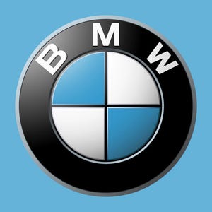 May include: The BMW logo, a circular emblem with a black outer ring and the letters "BMW" in white at the top. The inner circle is divided into four quadrants: blue, white, blue, and white. The background is a light blue.
