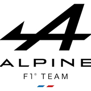 May include: Black and white Alpine F1 Team logo. The logo features a stylized black letter "A" above the word "ALPINE" and the text "F1® TEAM". Below the text are two horizontal stripes, one blue and one red.