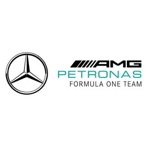 Puede incluir: El logotipo del equipo Mercedes-AMG Petronas Formula One Team presenta un emblema en blanco y negro de una estrella de tres puntas dentro de un círculo, con el texto "AMG PETRONAS FORMULA ONE TEAM" en negro y turquesa.