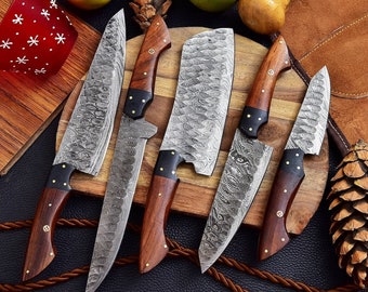 5 pcs Kitchen Knife Set Damascus Steel, Forged Chef Knives, Vegetable Meat Cleaver, Santoku ,Full Tang Cutlery Gift Knife With Carry Bag