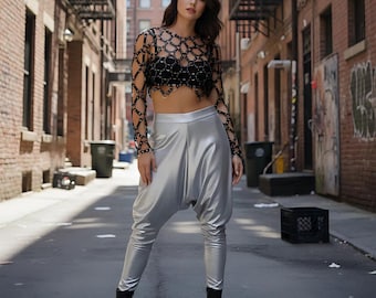 Cross Strap Vegan Leather Crop Top: Long Sleeve Bustier Harness