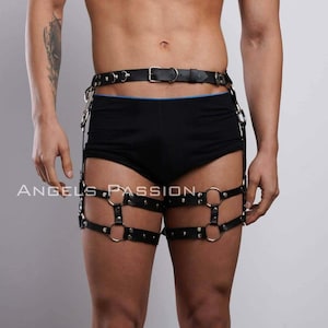 Men&#39;s Leather Leg Harness, Thigh Harness Man Plus Size Harness, Men Adjustable Harness Black & Red Waist Harness, Gift for Him Boyfriend