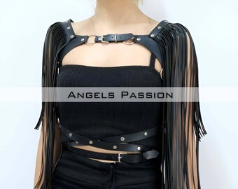 Women Leather Tasseled Vest, Tassel Epaulette Harness, Black Goth Harness With Fringe