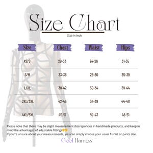 May include: A size chart in inches for Cool Harness products. The chart includes sizes XS/S to 4XL/5XL, with corresponding chest, waist, and hip measurements. The text "Size Chart" is at the top, and the brand name "Cool Harness" is at the bottom.
