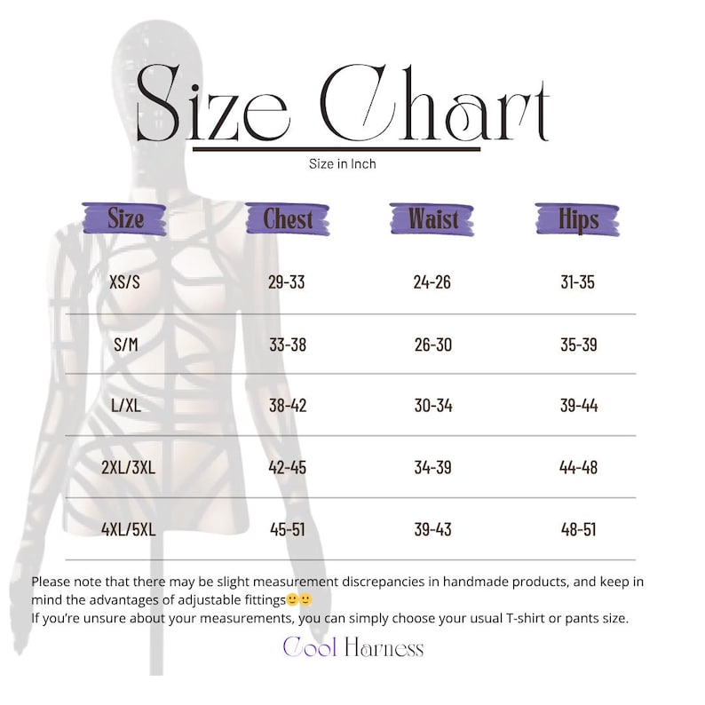 May include: A size chart in inches for Cool Harness products. The chart includes sizes XS/S to 4XL/5XL, with corresponding chest, waist, and hip measurements. The text "Size Chart" is at the top, and the brand name "Cool Harness" is at the bottom.