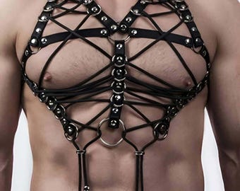 Men’s Elastic Neck / Chest Harness with Rope Detail – Gothic Fetish Accessory – Adjustable / Plus Size