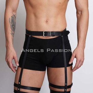 Men&#39;s Leather Leg Harness, Thigh Harness Man Plus Size Harness, Men Adjustable Harness Black & Red Waist Harness, Gift for Him Boyfriend