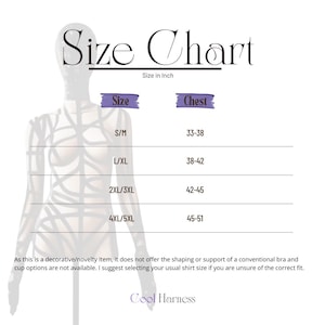 May include: A size chart with the text "Size Chart" in a decorative font. The chart includes size and chest measurements in inches, ranging from S/M to 4XL/5XL. The text "Cool Harness" is at the bottom.