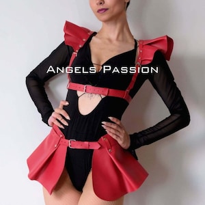 Sleeveless Black&Red Crop Top and Mini Skirt, Stylish Outfit for Women Mini Skirt and Top Leather Set
