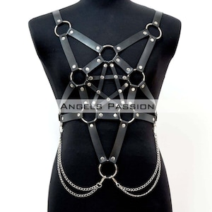 Black&Red Leather Pentagram Chest Harness, Chain Detailing