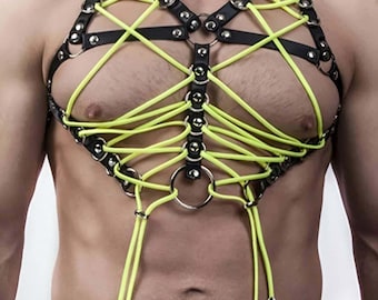 Men’s Elastic Neck / Chest Harness with Rope Detail – Gothic Fetish Accessory – Adjustable / Plus Size