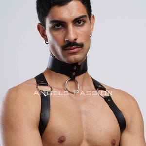 May include: Black leather harness with a choker-style collar and shoulder straps. The collar features a large silver ring and two small silver rivets. The text "ANGELS PASSION" is printed on the harness. The harness is designed to be worn around the neck and torso.