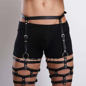 Men&#39;s Leather Leg Harness, Thigh Harness Man Plus Size Harness, Men Adjustable Harness Black & Red Waist Harness, Gift for Him Boyfriend