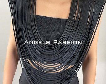 Black Tassel Epaulettes: Faux Leather Shoulder Harness - Halloween Costume