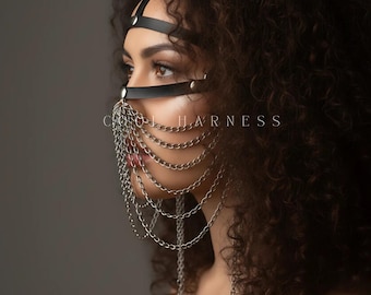 Women's Chain Detailed Leather Mask - For Burningman and More- Head Harness