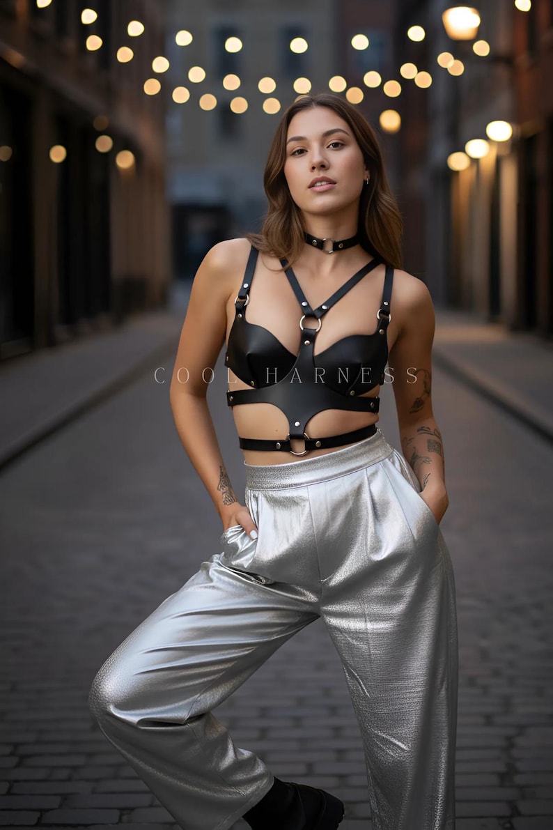 May include: Black leather harness with silver metal rings and a matching choker. The text "COOL HARNESS" is visible. The model is wearing silver metallic pants.