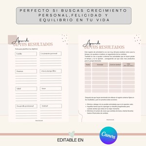 Pu&ograve; includere: Un foglio di lavoro stampabile con sfondo rosa e bianco. Il foglio di lavoro &egrave; intitolato "Impara dai tuoi risultati" ed &egrave; diviso in due sezioni. La prima sezione &egrave; intitolata "Ficha para planificar tus objetivos" e include categorie come famiglia, crescita personale, finanze, tempo libero, salute, amore, sviluppo professionale e amicizia. La seconda sezione &egrave; intitolata "Questo registro di attivit&agrave; ti sar&agrave; molto utile per analizzare come usi il tuo tempo e ti aiuter&agrave; a monitorare i tuoi progressi. Ti aiuter&agrave; anche a identificare le attivit&agrave; che ti fanno perdere tempo e a eliminarle, rendendoti cos&igrave; pi&ugrave; produttivo per il tuo benessere." Il foglio di lavoro include colonne per data, attivit&agrave;, come ti senti e valore.