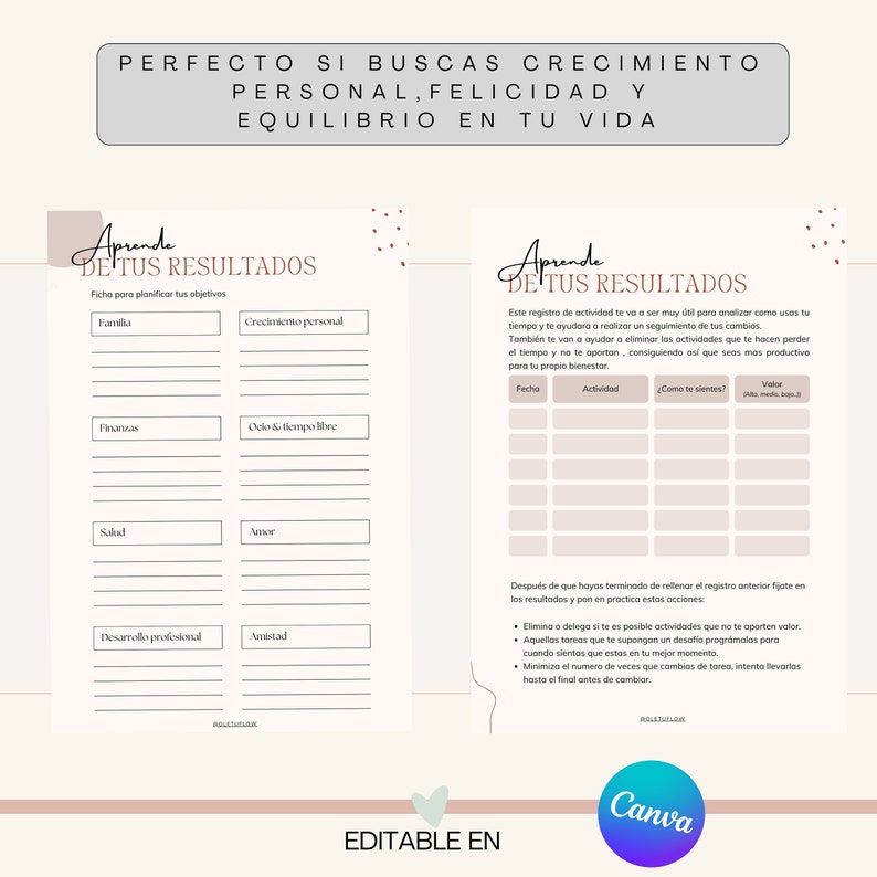 Pu&ograve; includere: Un foglio di lavoro stampabile con sfondo rosa e bianco. Il foglio di lavoro &egrave; intitolato "Impara dai tuoi risultati" ed &egrave; diviso in due sezioni. La prima sezione &egrave; intitolata "Ficha para planificar tus objetivos" e include categorie come famiglia, crescita personale, finanze, tempo libero, salute, amore, sviluppo professionale e amicizia. La seconda sezione &egrave; intitolata "Questo registro di attivit&agrave; ti sar&agrave; molto utile per analizzare come usi il tuo tempo e ti aiuter&agrave; a monitorare i tuoi progressi. Ti aiuter&agrave; anche a identificare le attivit&agrave; che ti fanno perdere tempo e a eliminarle, rendendoti cos&igrave; pi&ugrave; produttivo per il tuo benessere." Il foglio di lavoro include colonne per data, attivit&agrave;, come ti senti e valore.
