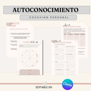 Pu&ograve; includere: Un foglio di lavoro stampabile con uno schema di colori rosa e bianco. Il foglio di lavoro &egrave; intitolato "Autoconocimiento Coaching Personal" e comprende due sezioni: "Conocete Mejor" e "Aprende de tus Resultados". La prima sezione include un diagramma della ruota della vita con categorie come "Salute", "Finanze", "Amore" e "Crescita personale". La seconda sezione &egrave; una tabella con colonne per "Data", "Attivit&agrave;", "Come ti sei sentito" e "Valore".