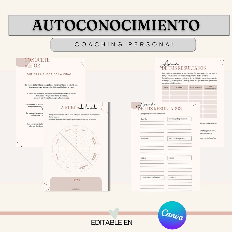 Pu&ograve; includere: Un foglio di lavoro stampabile con uno schema di colori rosa e bianco. Il foglio di lavoro &egrave; intitolato "Autoconocimiento Coaching Personal" e comprende due sezioni: "Conocete Mejor" e "Aprende de tus Resultados". La prima sezione include un diagramma della ruota della vita con categorie come "Salute", "Finanze", "Amore" e "Crescita personale". La seconda sezione &egrave; una tabella con colonne per "Data", "Attivit&agrave;", "Come ti sei sentito" e "Valore".