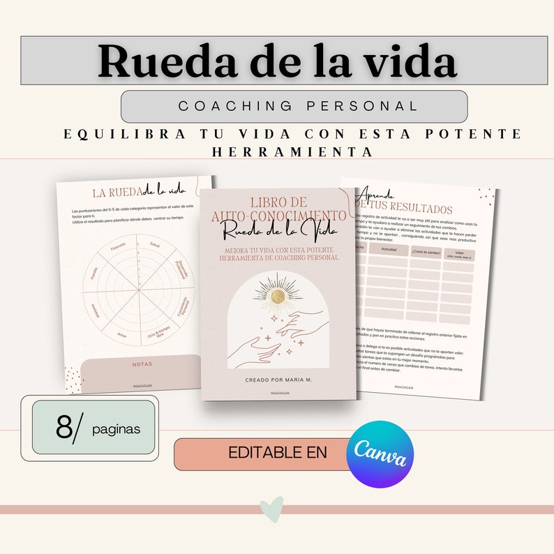 Pu&ograve; includere: Un foglio di lavoro stampabile intitolato "Rueda de la Vida" (Ruota della vita) in spagnolo, con uno schema di colori rosa e oro. Il foglio di lavoro &egrave; uno strumento di autovalutazione per la crescita personale e include un diagramma a ruota, una sezione per fissare obiettivi e una sezione per monitorare i progressi. Il foglio di lavoro &egrave; progettato per aiutare le persone a identificare le aree della loro vita che necessitano di miglioramento e creare un piano per raggiungere i loro obiettivi.