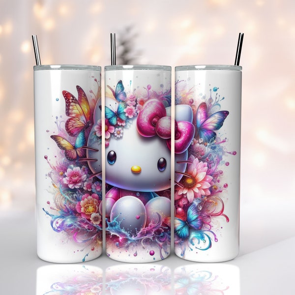 Hello tumbler Kitty wrap Sublimation Design  | 20 oz Skinny tumbler | Kitty with Flowers and Butterflies Tumbler  | Kitty tumbler design PNG