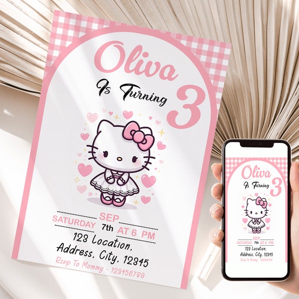 Kawaii Birthday Invitation | Kitty Birthday | Digital Editable File | Kitty Party invite, Kawaii Pink Cat invite | Kitty Birthday Invitation