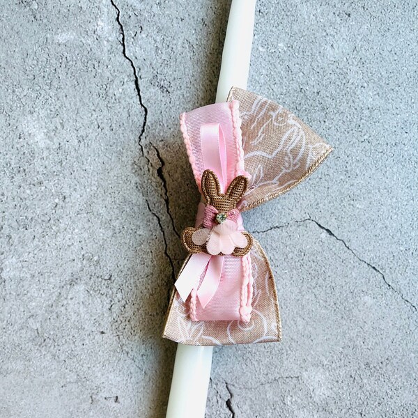 Pink and Bunny Print Burlap Easter Candle (15")