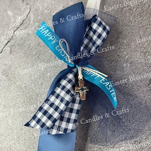 Navy Blue Plaid and Cross Easter Candle (15")