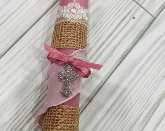 Rustic Dusty Rose Easter Candle with Cross  (10")