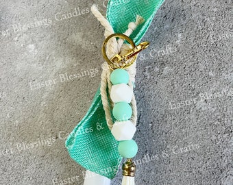 Teal and White Beaded Keychain Easter Candle (15")