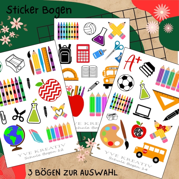 Sticker Bogen " Schule Einschulung " personalisierbar | Set - Aufkleber 3 Stickerbogen zur Auswahl in Weiß - Transparent - Matt - Glanz