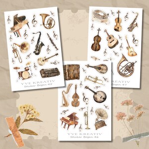 Sticker Bogen, Musik Instrumente, Sticker Set, Aufkleber, 3 Stickerbogen zur Auswahl in Weiß - Transparent - Matt - Glanz#SBA6