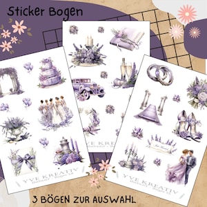 Sticker Bogen "Lavendel Hochzeit" | Sticker Set - Aufkleber 3 Stickerbogen zur Auswahl in Weiß - Transparent - Matt - Glanz  #SBA6