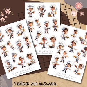 Könnte beinhalten: Drei Blätter mit Aufklebern, die Comic-Köche in verschiedenen Posen zeigen. Die Aufkleber sind auf weißem Papier mit weißem Rand gedruckt. Der Text auf den Blättern lautet "Yve Kreativ" und "Sticker Bogen 68" und "Sticker Bogen 70".